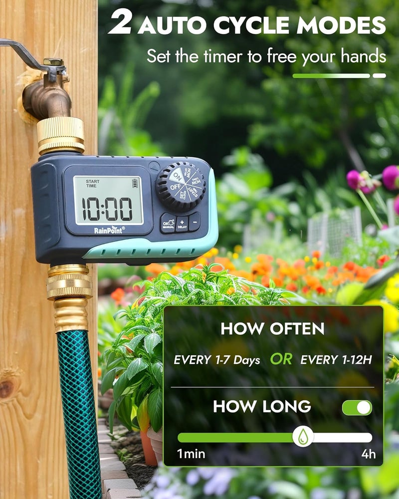 RAINPOINT Sprinkler Timer with Brass Inlet & Outlet, Programmable Hose Timer for Garden Soaker Hose, Watering Timer with Rain Delay/Manual Watering System, Digital Drip Irrigation for Yard, Lawn - Image 3
